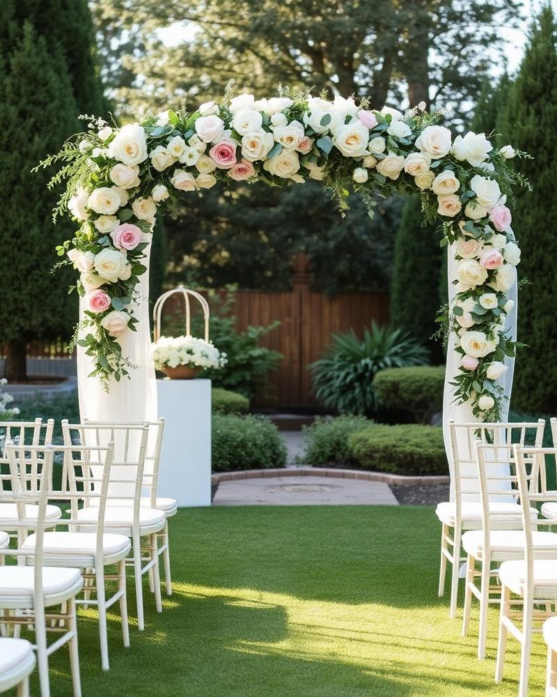 Trauung im Garten mit Blumenbogen